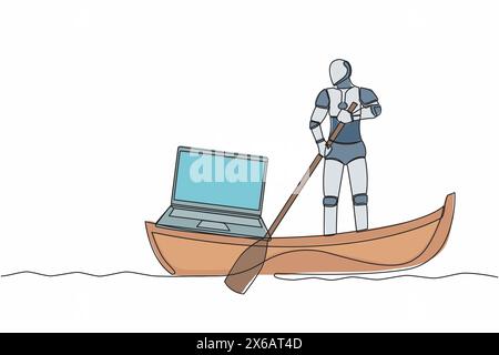 Eine einzeilige Zeichnung eines Roboters, der auf dem Boot mit Laptop-Computer unterwegs ist. Freiberufliche Arbeit oder Fernarbeit auf dem Schiff. Moderne robotische Künstliche Intelligenz. Stock Vektor
