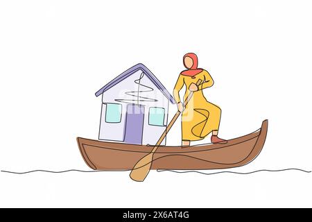 Eine einzige Linie zeichnet arabische Geschäftsfrau, die im Boot steht und mit dem Haus segelt. Abwicklung von Wohnungsdarlehen. Banken stellen Hypothekenzahlungen für Haushalte bereit. Stock Vektor