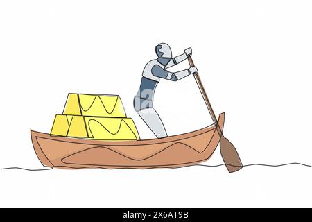 Ein einziger, durchgehender Zeichnungsroboter, der mit einem Stapel goldener Goldbarren auf dem Boot wegsegelt. Goldinvestitionen in digitale Technologie. Technologische Entwicklung der Zukunft Stock Vektor