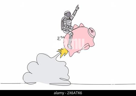 Durchgehende, einzeilige Astronaut, der auf der Mondoberfläche fliegt. Finanzplanung für die Weltraumforschung. Kosmonaut-Weltraum Stock Vektor