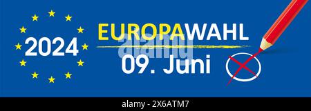 Papier Banner Europawahl 2014 Vote Red Pen Deutscher Text Europawahl 2024, Übersetzung Europawahl 2024. Stockfoto