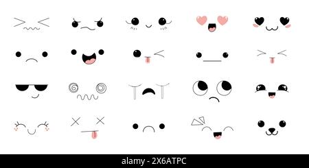 Kawaii Style sieht Manga Anime Emotionen, Comic Ausdrücke, niedliche Augen Sammlung isoliert auf weißem Hintergrund. Doodle Smiley Stimmungsdesign-Elemente, . Vektorabbildung Stock Vektor