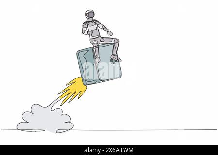 Eine durchgehende Linie, die jungen Astronauten zieht, der auf der Mondoberfläche fliegt. Geldschutz bei der Raumfahrtfirma. Kosmonaut Dee Stock Vektor