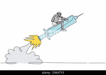 Durchgehende einzeilige Astronauten-Reiterspritzenrakete, die in der Mondoberfläche fliegt. Untersuchung der Bedrohung durch Viren aus dem Weltraum. Cosmonaut außen Stock Vektor
