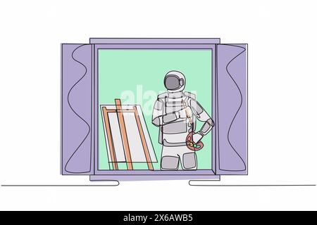 Durchgehende einzeilige Zeichnung Astronautenmaler zeichnet in der Nähe des Fensters, hält Pinsel und Palette, skizziert auf Leinwand in der Mondoberfläche. Kosmonaut raus Stock Vektor