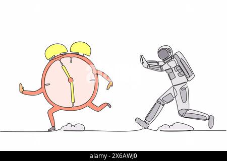 Durchgehende einzeilige Zeichnung eines jungen Astronauten, der Wecker in der Mondoberfläche jagt. Deadline-Management für den Start des Space Shuttle. Cosmonaut äusserer Spac Stock Vektor