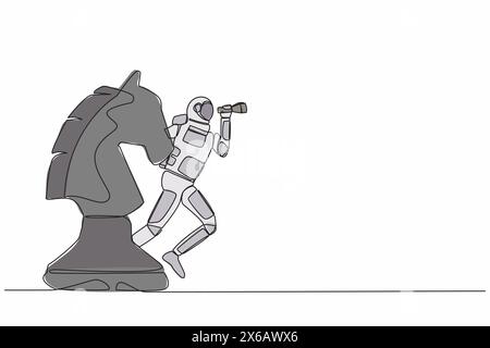 Durchgehende einzeilige Zeichnung eines Astronauten, der auf Pferdeschach steht, mit Teleskop, um galaktische Sicht zu sehen. Strategie in der Raumfahrtindustrie. Kosmonaut o Stock Vektor