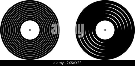 Schwarze Vinyl-Aufnahmesymbole. LP- oder Long-Play-Musikplatten für Grammophon isoliert auf weißem Hintergrund. DJ-Techno-Partyausrüstung. 70er 80er 90er Jahre Diskothekennostalgiekonzept. Vektorgrafik. Stock Vektor