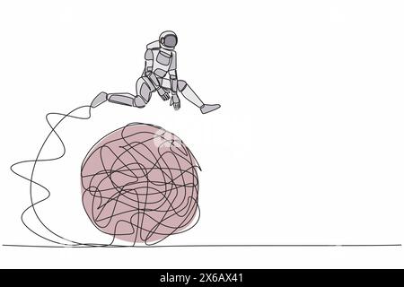 Eine Linie, die einen jungen Astronauten über eine unordentliche Linie in der Mondoberfläche sprang. Die Komplexität des Raumfahrtproblems überwinden. Kosmonaut-Weltraum. Si Stock Vektor