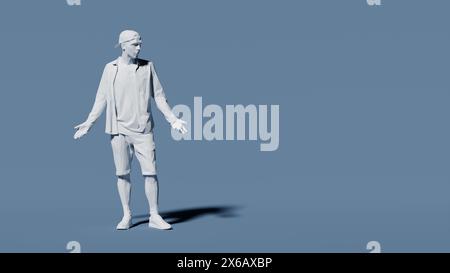 Eine Einzelfigur vor blauem Hintergrund in lässigen Shorts und einem Hemd mit neutralem Ausdruck. 3D-Rendering Stockfoto