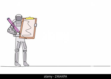 Durchgehende einzeilige Zeichnung des jungen Astronauten im Stehen und in der Hand mit Checkliste in der Mondoberfläche. Kosmische Expedition. Kosmonaut-Weltraum. S Stock Vektor