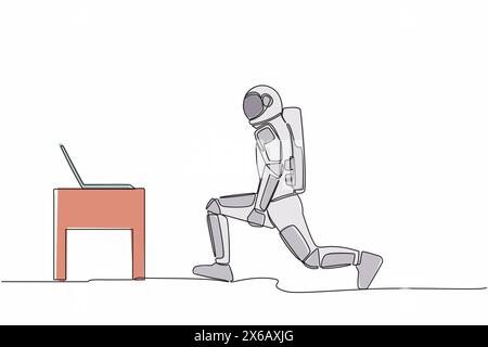 Eine einzige Linie zeichnet Astronaut, der in Online-Kursen mit seinem Laptop an der Mondoberfläche Fitness macht. Fitness-Online-Kurs. Kosmischer Galaxienraum. Kontin Stock Vektor