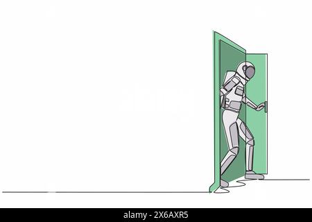 Durchgehend eine Linie zeichnender Astronaut, der durch einen offenen Türrahmen in der Mondoberfläche läuft. Neue interstellare Weltraumexpedition. Kosmonaut-Weltraum. Si Stock Vektor