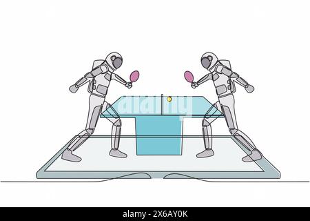 Einzelne durchgehende Linie von Zeichentisch-Tennisplatz mit zwei Astronauten-Spielern auf dem Smartphone-Bildschirm. Profisportwettbewerb. Kosmonaut tief Stock Vektor