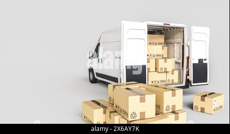 Weißer Frachtwagen öffnet Türen zahlreiche Pakete, Lieferung logistischer Express Stockfoto