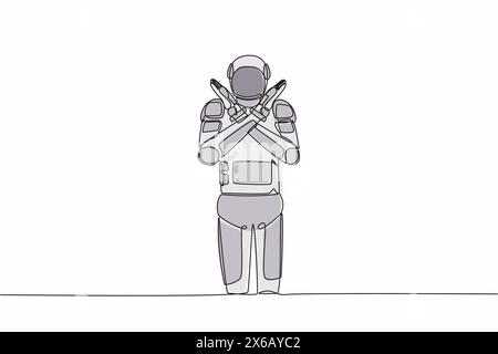 Einzelne durchgehende Linie, die jungen Astronauten mit überkreuzten Armen und X-Form zeichnet, Stoppschild mit Händen. Kosmonaut-Tiefenraumkonzept. Dyn Stock Vektor
