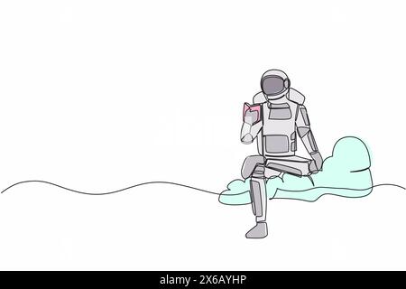 Durchgehende eine Linie, die jungen Astronauten zeichnet, der auf Wolken sitzt und Buch liest. Literatur studieren oder Wurmlochforschung. Kosmonaut-Weltraum Stock Vektor