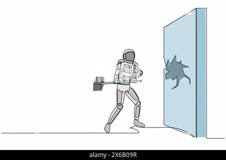 Durchgehende einzeilige Zeichnung des Astronauten bricht und schlägt mit Hammer gegen die Wand. Erfolgsweg für ein Weltraumexpeditionsprojekt. Kosmonaut-Weltraum Stock Vektor