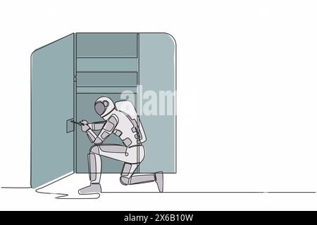 Einzelne durchgehende Linie zeichnet junge Astronautenschreiner, die Garderobe oder Schrank mit Regalen zusammenstellt. Zukünftige Wohndekoration. Kosmonaut-Tiefenraum. Stock Vektor