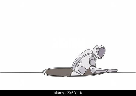Astronaut mit einer durchgehenden Linienzeichnung, der versucht, aus dem Loch herauszukommen, Metapher zu einem großen Problem. Raumschiff-Geschäftskämpfe. Kosmonaut tief Stock Vektor