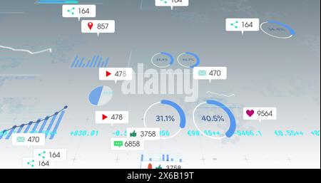 Bild von Social-Media-Symbolen, die über statistischer Datenverarbeitung schweben, vor grauem Hintergrund Stockfoto