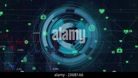 Bild des Netzwerks von digitalen Symbolen über drehendem Scanner und statistischer Datenverarbeitung Stockfoto