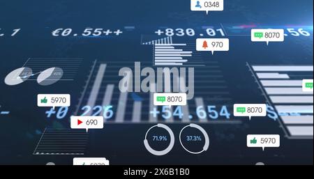 Bild von Social-Media-Symbolen, die über statistischer Datenverarbeitung schweben, vor blauem Hintergrund Stockfoto