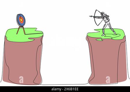 Durchgehende einzeilige Zeichnung des Astronauten, der auf einer Klippe steht, mit einem Bogenschützen in der Hand. Ziel der Weltraumforschung. Spaceman wurde zu erfolgreich gezwungen. Kosmonaut o Stock Vektor