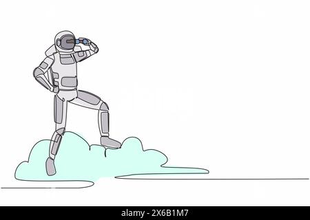 Eine einzige Linie, die jungen Astronauten auf einer Wolke mit einem Fernglas zieht, um nach einer Projektion von Innovationen für Raumschiffe zu suchen. Kosmischer Galaxienraum. Kontin Stock Vektor