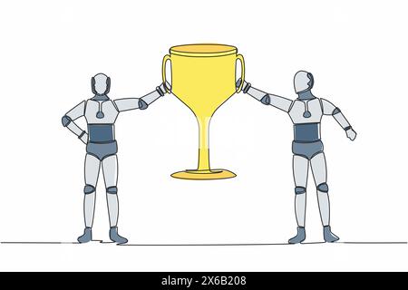Eine einzige Linie zeichnet zwei Roboter, die die goldene Trophäe zusammen halten. Das Gewinnerteam feiert den Sieg. Künstliche Intelligenz maschinelles Lernen. Stock Vektor