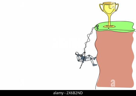 Ein durchgehender, einzeiliger, zeichnender Roboter, der an einem Seil hängt und sich auf die felsige Bergwand zieht, um die Trophäe zu erreichen. Zukünftige Roboterentwickler Stock Vektor