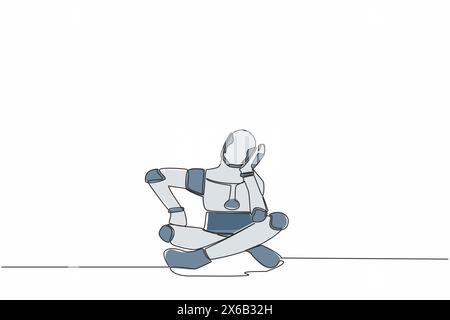 Ein einziger Zeichnungs-Roboter sitzt mit Stütze seinen Kopf und verwirrt, weil er ein Problem hat. Roboterkünstliche Intelligenz. Technologie-Industrie Stock Vektor