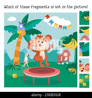 Puzzlespiel für Kinder. Fragmente suchen. Zeichentrickdarstellung. Niedlicher Affe im Dschungel. Vektorabbildung. Stock Vektor
