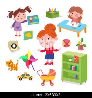Süßes Mädchen und Lehrer im Kindergarten. Isolierte Objekte, die für die Konstruktion festgelegt wurden. Zeichentrickfigur. Vektorabbildung. Stock Vektor
