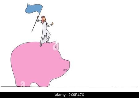 Eine einzige Zeilenzeichnung eines erfolgreichen arabischen Geschäftsmannes, der auf einer riesigen Schweinebank steht und die Flagge hisst. Investitionen während der Corona-Pandemie zu tätigen Stock Vektor