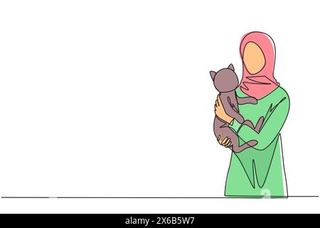 Einzelne durchgehende Linienzeichnung der jungen Schönheit Arabian Frau mit lässigem T-Shirt mit süßer Katze. Die Besitzerin einer niedlichen kleinen Katze, die mit ihrem C spielt Stock Vektor