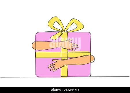Einzelne, durchgehende Zeilenzeichnung mit Händen, die sich an der Geschenkbox mit rotem Band anschmiegen. Intelligente Arbeit, die zu Year-End-Boni führt. Arbeiten Sie hart. Intelligent arbeiten. Aufrichtig Stock Vektor