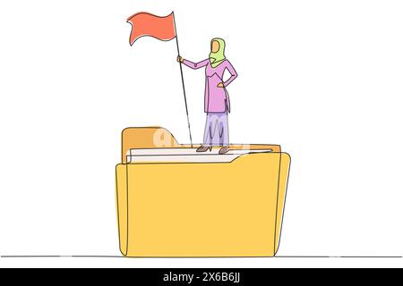 Einzelne durchgehende Linienzeichnung einer arabischen Geschäftsfrau, die auf einem riesigen Ordner steht und die Flagge hisst. Hat einen Geschäftsplan erstellt, Aufzeichnungen geführt, geübt. Be Stock Vektor