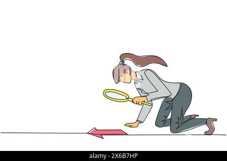 Eine durchgehende Linienzeichnung einer Geschäftsfrau, die nach unten blickte und Pfeile mit Lupe prüfte. Überprüfen Sie die Richtung, sie ist in Richtung eines wachsenden Unternehmens oder m Stock Vektor