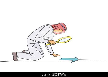 Durchgehende einzeilige Zeichnung ein arabischer Geschäftsmann sah nach unten und sah Pfeile mit Lupe. Überprüfen Sie die Richtung, es geht um ein wachsendes Unternehmen oder eine Marke Stock Vektor