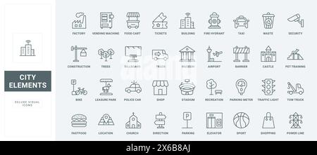 Öffentlicher Park und Gebäude, Lage des Essenswagens, Parkplatz, Ticket für Museum und Flughafen, Shopping und Abfallpflanze dünne schwarze und rote Symbole Vektorillustration. Liniensymbole für die städtische Infrastruktur Stock Vektor