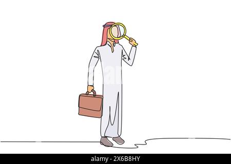 Ein arabischer Geschäftsmann mit einer durchgehenden Linienzeichnung stand mit einer Lupe und der andere mit einer Aktentasche. Halten Sie Ausschau nach den kleinstmöglichen Möglichkeiten Stock Vektor