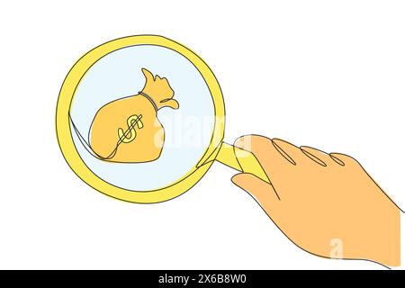 Eine durchgehende, einzeilige Zeichnung einer großen Hand mit Lupe hebt den Geldbeutel hervor. Konzentrieren Sie sich auf die zu erreichenden Geschäftsziele. Eine Reihe von Geldbeuteln Stock Vektor