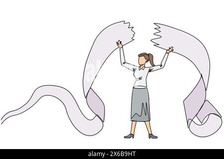 Eine durchgehende, eine Linie zeichnende Geschäftsfrau riss das Rechnungspapier ab, das über seinem Kopf gehalten wurde. Wenn man Rechnungen nicht bezahlt, ist eine Geschäftsfrau voller Emotionen. Fai Stock Vektor