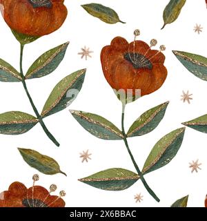 Dunkelrote dekorative Blume mit grünen Blättern und kleinen goldenen Sternen, nahtloses Aquarellmuster auf weißem Hintergrund. Stockfoto