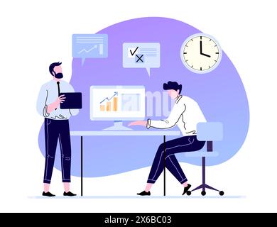 Professionelle Geschäftskommunikation und Arbeitsmanagement. Mann, der am Desktop-Computer arbeitet und den Finanzbericht vorbereitet Stock Vektor