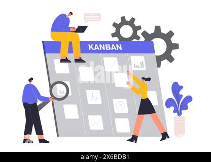 Kanban-Board-Konzept. Cartoon-Mitarbeiter, die Teammitgliedern Aufgaben zuweisen. Unternehmensleitung, Kollegen arbeiten Stock Vektor