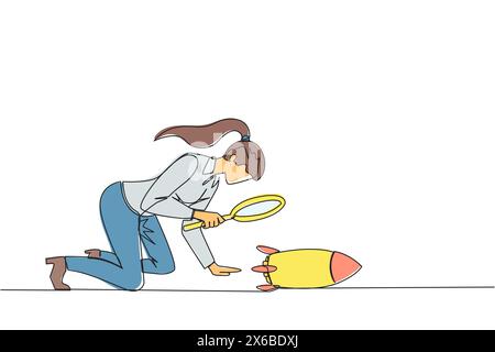 Eine einzeilige Geschäftsfrau mit Lupe hebt Raketen hervor. Analysieren Sie die Details für den Start eines neuen Geschäfts. Der Anfang einer ne Stock Vektor