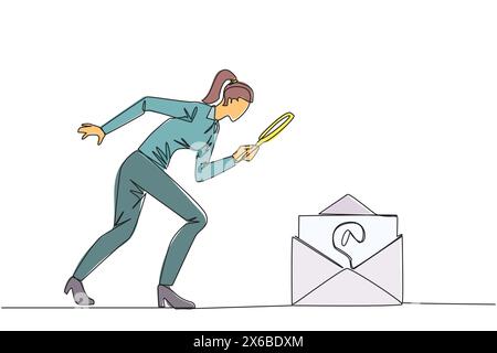 Eine einzelne durchgehende Linienzeichnung der Geschäftsfrau hält eine Lupe, die das E-Mail-Symbol hervorhebt. Sie erhalten wichtige E-Mails, die sich auf den Fortschritt von HE beziehen Stock Vektor