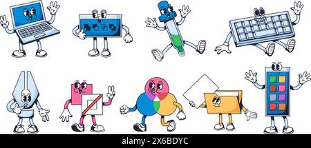 Maskottchen im Grafikdesign. Kreative Werkzeuge für digitale Künstler, Laptop Computer Charakter, Stift und Tropfer Werkzeug, Farbpalette Cartoon Vektor Illustration Stock Vektor